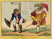 Caricature montrant un homme donnant un coup de pied dans le derrière du roi à la frontière entre la France et l'Espagne.