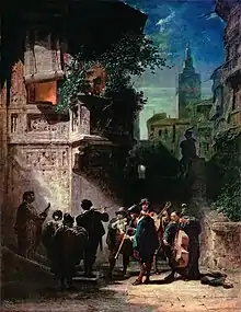 peinture : la nuit dans une rue de la ville, huit musiciens jouent pour une femme au balcon du premier étage.