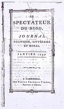 Couverture de l'exemplaire du journal Le Spectateur du Nord publié en 1797