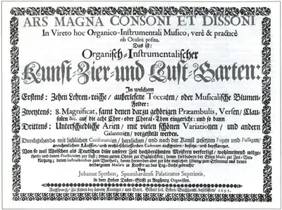 page de titre, avec motifs floraux en forme d'encadrement et texte principalement en caractères gothiques
