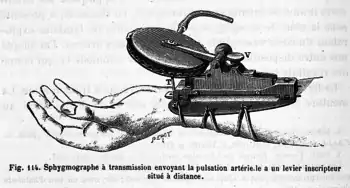 Fig. 114. Sphygmographe à transmission de Marey envoyant la pulsation artérielle à un levier inscripteur situé à distance. On distingue la capsule pneumatique sur laquelle est raccordé le tuyau rempli d'air.