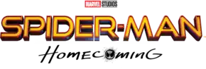 Sur une première ligne, le logo de Marvel Studios en petit, sur une 2e, "SPIDER-MAN" en jaune, sur une 3e, "HOMECOMING" en blanc, avec la tête de spider-man stylisée à la place du O. Le tout en capitales.
