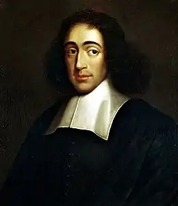 Portrait de Spinoza à mi-corps vêtu de noir sur fond sombre.