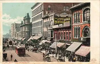 Photographie ancienne colorée d'une rue dans laquelle cohabitent de nombreux types d'utilisateurs.