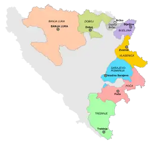 Carte de la Bosnie-Herzégovine mettant en valeur les sept régions statistiques