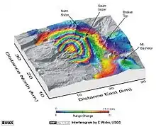 Carte présentant des lignes de couleur concentriques représentant un renflement topographique.