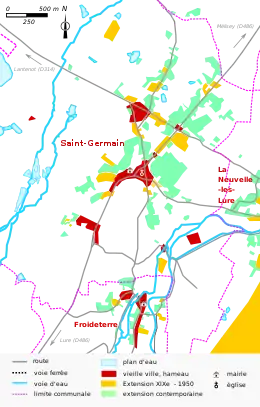 Vue d'une carte en couleur représentant les étapes de développement du bâti d'un bourg.