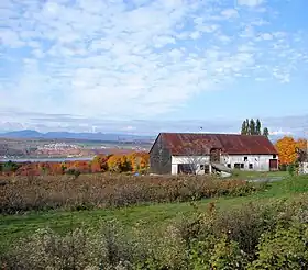 L'île d'Orléans avec en arrière-plan, le fleuve, la Côte de Beaupré et les Laurentides.