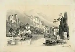 Le château de Saint Béat vers 1840, par Eugène de Malbos.