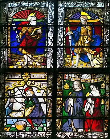 Quatre personnages dont, au-dessus, un homme barbu tenant une grande clef et un autre homme barbu tenant une épée. Tous deux portent une auréole. En dessous, un homme en costume médiéval trie du grain. À sa droite, un homme et une femme sont agenouillés et prient.