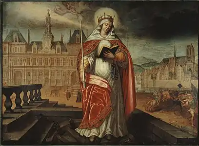 Sainte Geneviève qui tient de la main droite le cierge de la foi et de la main gauche le livre (v. 1620) (Paris, musée Carnavalet).