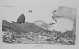 La SMS Gazelle devant la baie du Cratère à l'île Saint-Paul (dessin de Weinek)