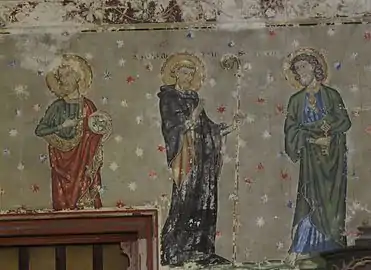 Fresques néo-gothiques de la nef :Jean Baptiste, Saint Colomban, Saint Pierre(transept nord).