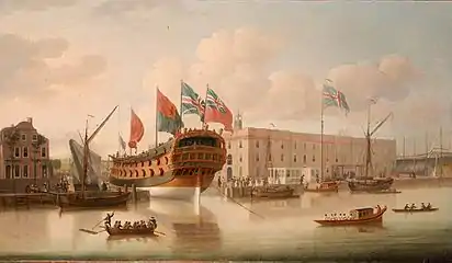 Lancement du navire de ligne de 4e rang, le St Albans, au chantier naval de Deptford en 1747. Peinture de John Cleveley l'Aîné
