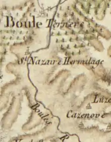 Dessin de carte ancienne sur laquelle on peut lire Boule ternère, St Nazaire Hermitage et Boulès R.