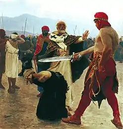 Tableau représentant un homme, retenant l'épée avec laquelle un bourreau s'apprête à trancher le cou d'un condamné.