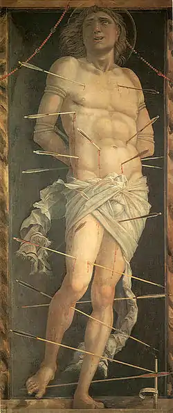 Saint Sébastien de Venise (1490), panneau, 213 × 95 cm. Venise, Ca' d'Oro.