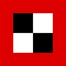 Dessin géométrique, fond rouge avec au milieu un carré divisé en quartiers noirs et blancs.