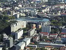 Vue du stade des Alpes depuis la Bastille de Grenoble.