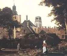 gravure d'une ville avec une église en arrière-plan