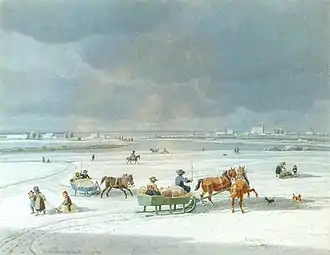 Paysage urbain hivernal de Munich depuis Oberföhring sur l'Isar, 1838