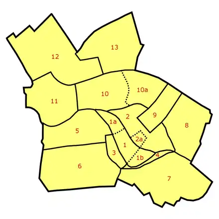 Les 13 quartiers historiques de Berlin-Mitte : 1. Altkölln (Spreeinsel) (avec Museumsinsel [1a], Fischerinsel [1b]) 2. Altberlin (avec Nikolaiviertel [2a]) 3. Friedrichswerder 4. Neukölln am Wasser 5. Dorotheenstadt 6. Friedrichstadt 7. Luisenstadt 8. Stralauer Vorstadt (avec Königsstadt) 9. Alexanderplatz 10. Spandauer Vorstadt (avec Scheunenviertel [10a]) 11. Friedrich-Wilhelm-Stadt 12. Oranienburger Vorstadt 13. Rosenthaler Vorstadt