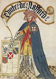 Portrait en pied d'un homme en armure revêtu d'une grande cape bleue avec le blason de l'ordre de la Jarretière. En haut, un phylactère indique qu'il s'agit du comte de Stafford
