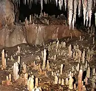 Concrétions stalagmitiques dans l'aven de Noël, Bidon, Ardèche, France.