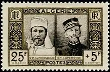 Timbre émis en 1950 en Algérie française, rendant un hommage conjoint au père de Foucauld et au général Laperrine.