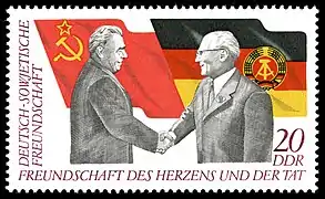 Timbre en honneur de l'amitié entre la RDA et l'URSS représentant Léonid Brejnev et Erich Honecker en 1972.