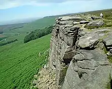 Au-dessus d'une pente raide et couverte de buissons, haute falaise grise formée de larges dalles