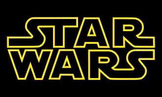 The words Star Wars written in a large, yellow, outline font against a black background