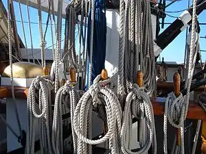 Les écoutes (cordage de manœuvre des voiles et vergues), ici sur le Star of India.