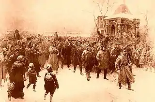 Gravure. Des hommes enchainés marchent dans une rue en hiver. La foule les regarde et les suit