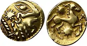 Statère d'or à l'astre, cheval à droite frappé par les Bellovaques c. 80-50 AC.