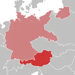 Carte en couleur reprenant les territoires respectifs de l'Allemagne et de l'Autriche avant l'Anschlus