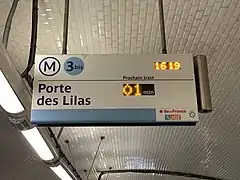 Ligne 3 bis, 16 h 19Direction Porte des Lilas :- Prochain train dans01 minute.