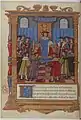 Roi sur un trône entouré de 12 courtisans en costume Renaissance.