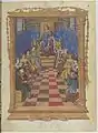 Roi couronné sur un trône entouré de 10 courtisans assis en costume Renaissance.