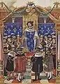 Roi sur un trône entouré de 14 courtisans en costume Renaissance.