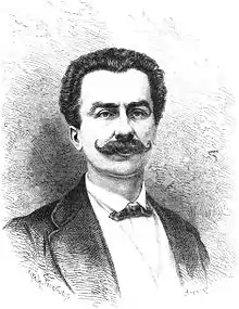 Dessin en noir et blanc de la tête d'un homme portant la moustache.