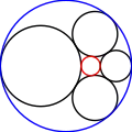 Une chaîne de Steiner avec les cercles de départ en rouge et bleu.