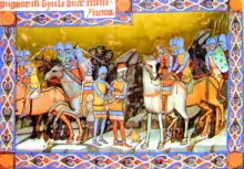 Enluminure montrant un homme en armure se faisant attacher les mains dans le dos par un soldat sous le regard de plusieurs cavaliers dont un porte un couronne