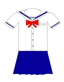 Dessin montrant un uniforme traditionnel d'écolière japonaise : robe, haut avec col marin et nœud sur le devant. Appelé Sailor Fuku, les personnages principaux, les guerrières Sailor, portent un costume inspiré de cet uniforme.