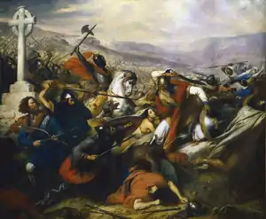 Scène de bataille montrant de nombreux guerriers et des chevaux élégants.
