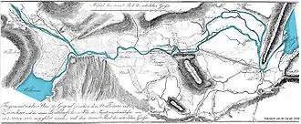 Carte représentant des cours d'eau, des lacs, des montagnes et les travaux hydrauliques entrepris sur une rivière.