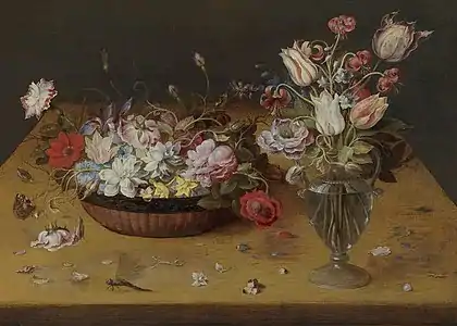 Fleurs dans un panier de laque et dans un vase en verreCollection privée