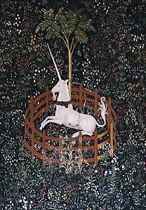 tableau représentant une licorne enfermée dans un parc rond