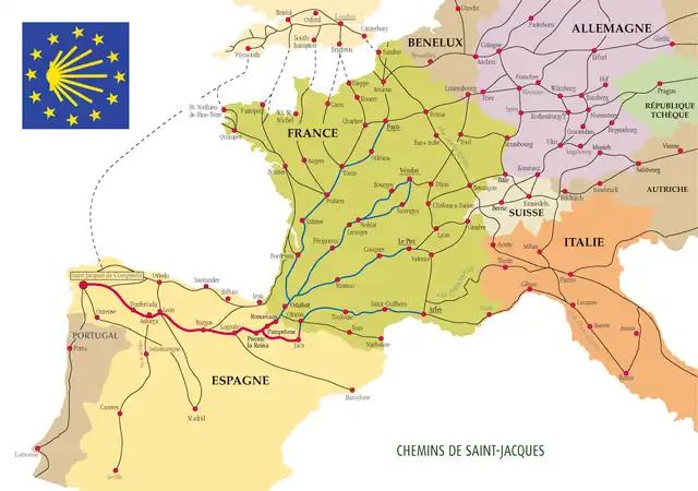 Carte centrée sur l'ouest de l'Europe, montrant un réseau de lignes.