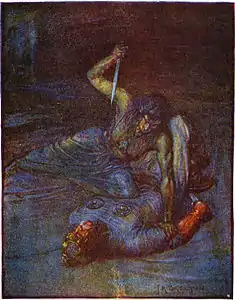 "Water witch trying to stab Beowulf" dans Stories of Beowulf, 1908.